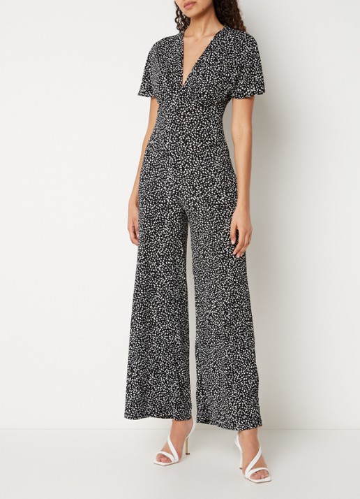 Mango Manzan wide fit jumpsuit van jersey met bloemenprint - detail 3 zwart