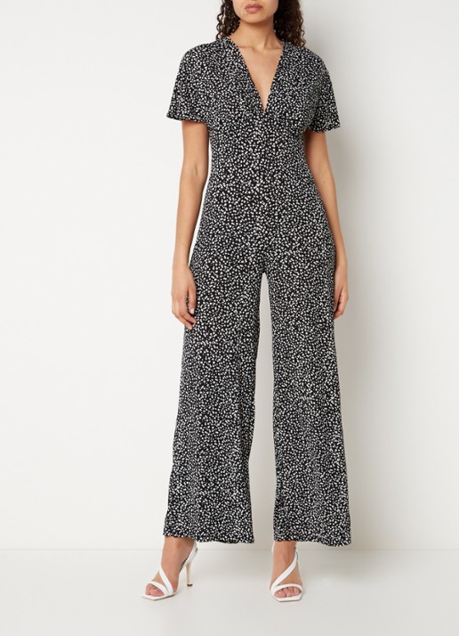 Mango Manzan wide fit jumpsuit van jersey met bloemenprint - voorkant 2 zwart
