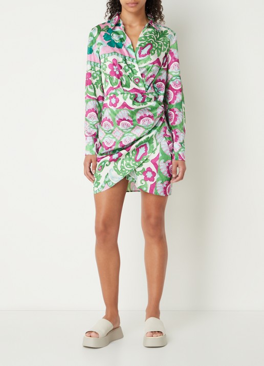 Mango Sandy mini jurk van satijn met bloemenprint - voorkant 3 groen