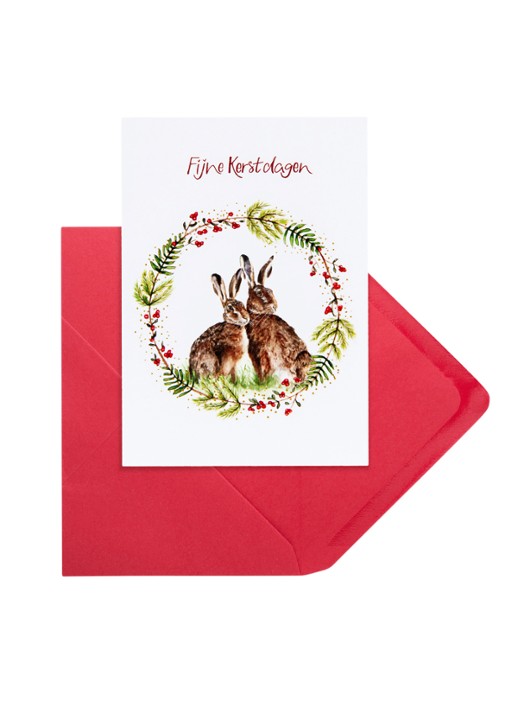 MAP Publishing Konijnen in een krans van hulst Fijne Kerstdagen kerstkaart - set van 8 inclusief enveloppen - achterkant wit