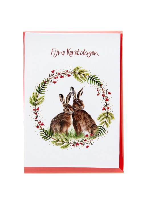 MAP Publishing Konijnen in een krans van hulst Fijne Kerstdagen kerstkaart - set van 8 inclusief enveloppen
