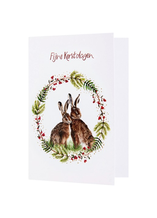 MAP Publishing Konijnen in een krans van hulst Fijne Kerstdagen kerstkaart - set van 8 inclusief enveloppen - voorkant 3 wit