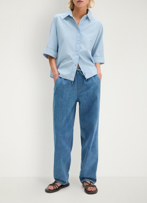 Marc O'Polo Blouse van denim met korte mouwen - voorkant 2 light blue multi 02 / blauw
