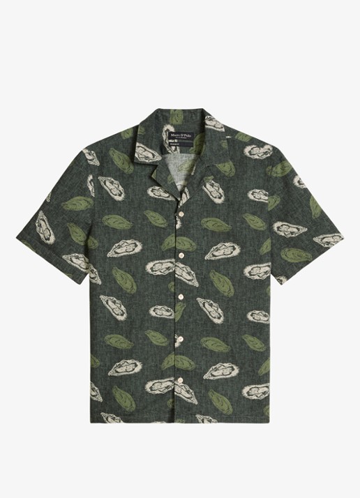 Marc O'Polo Blouse van katoen en linnen met print - voorkant dark green_multi_05-3062 / groen
