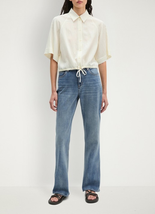 Marc O'Polo Cropped blouse met korte mouw en strik detail - voorkant 3 white multi 01 / wit