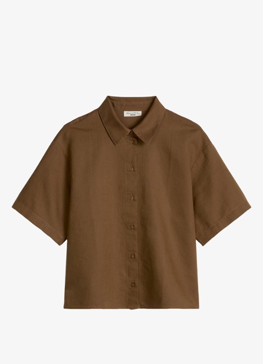 Marc O'Polo Denim Blouse in linnenblend - voorkant 4 umbra brown-1624 / bruin