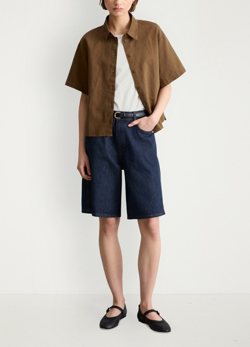 Marc O'Polo Denim Blouse in linnenblend - voorkant 5 umbra brown-1624 / bruin