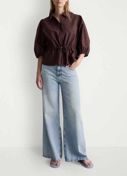 Marc O'Polo Denim Blouse met strikceintuur - voorkant 4 burnt aubergine-6929 / paars