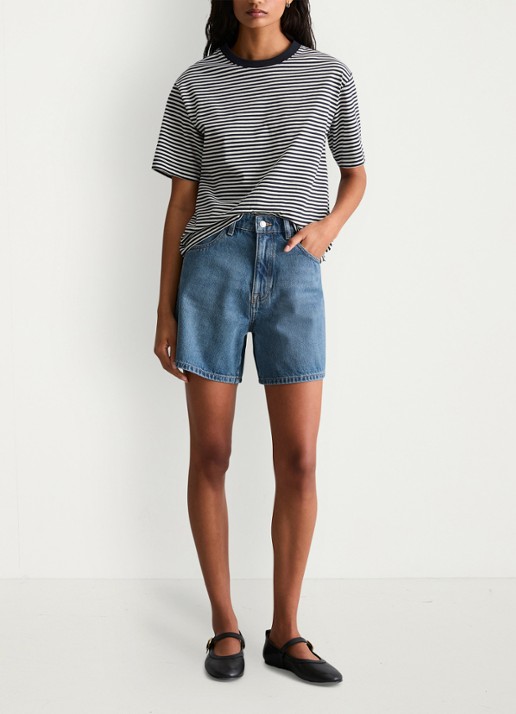 Marc O'Polo Denim High waist loose fit korte broek van denim - voorkant 5 indigo