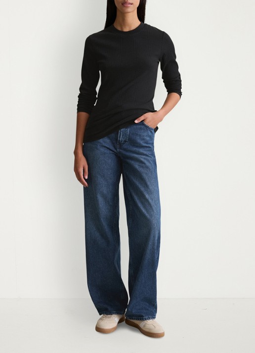 Marc O'Polo Denim Longsleeve met ribstructuur - voorkant 2 zwart