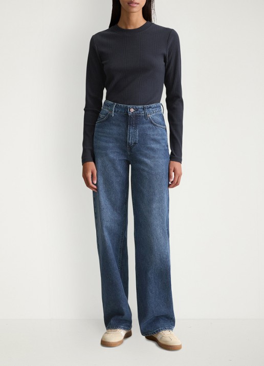 Marc O'Polo Denim Longsleeve met ribstructuur - voorkant 3 donkerblauw