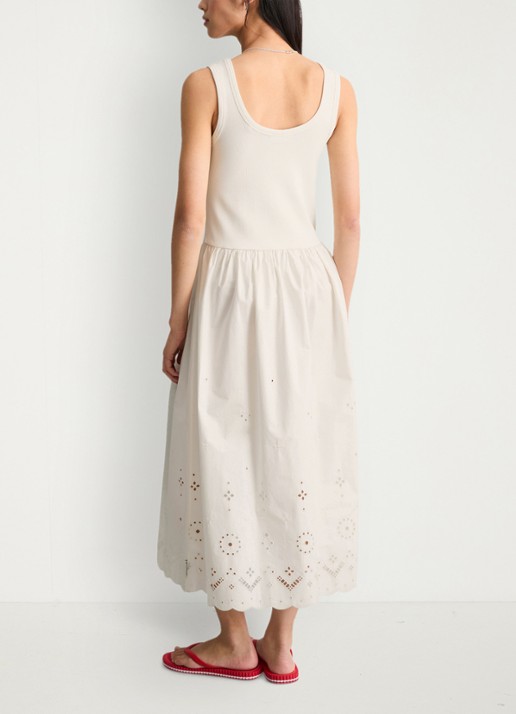 Marc O'Polo Denim Midi jurk met plooien en broderie - achterkant 3 silky white-1183 / wit