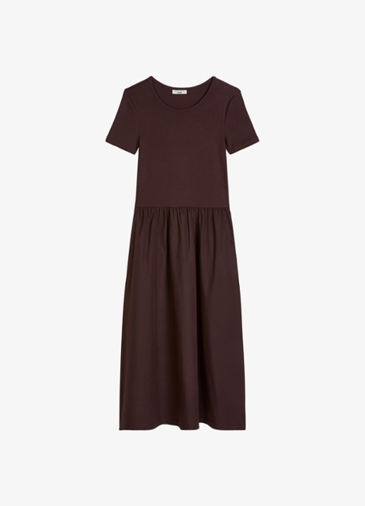 Marc O'Polo Denim Midi jurk met plooien - voorkant 4 burnt aubergine-6929 / paars