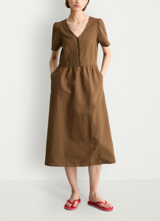 Marc O'Polo Denim Midi jurk met steekzakken - voorkant 4 umbra brown-1624 / bruin