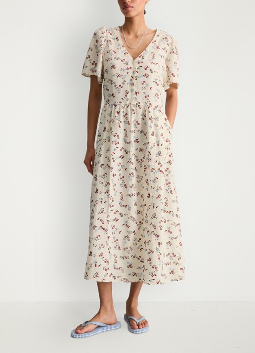 Marc O'Polo Denim Midi jurk van katoenblend met grafische print en V-hals - voorkant 3 offwhite multi 01-1257 / wit
