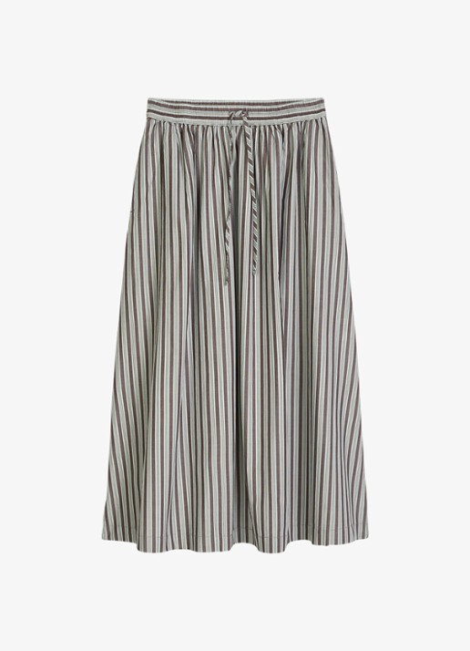 Marc O'Polo Denim Midi rok van katoen met streepprint en elastische band - voorkant dark brown multi 02-1544 / bruin