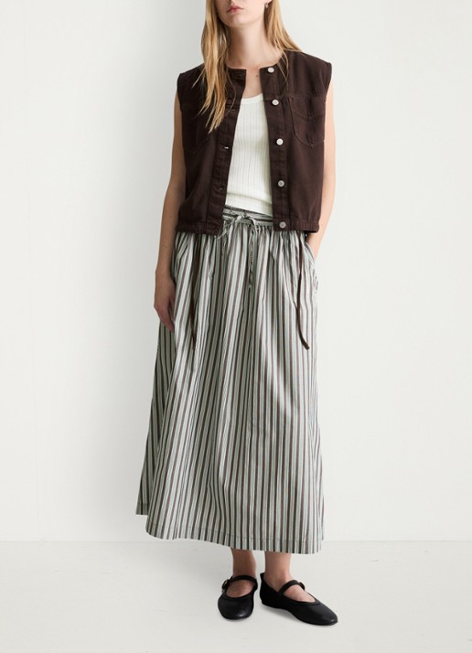 Marc O'Polo Denim Midi rok van katoen met streepprint en elastische band - voorkant 2 dark brown multi 02-1544 / bruin