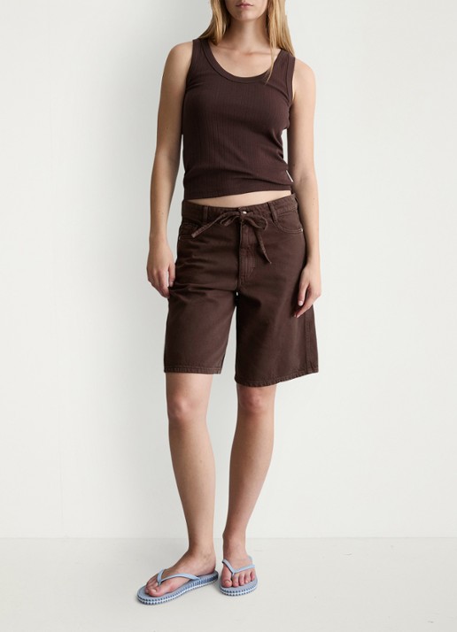 Marc O'Polo Denim Pointelle tank top van katoen - voorkant 2 burnt aubergine-6929 / paars