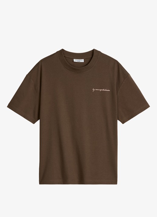Marc O'Polo Denim T-shirt met logo- en backprint - voorkant 3 bruin