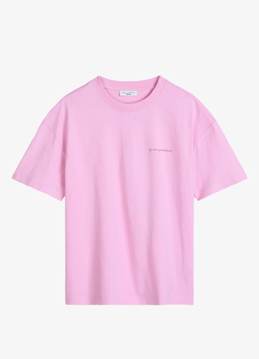 Marc O'Polo Denim T-shirt met logo- en backprint - voorkant 3 pale bubblegum/8205