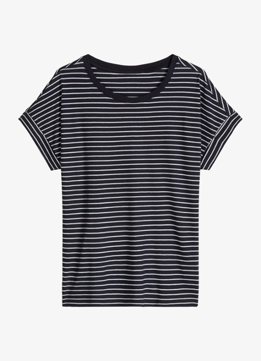 Marc O'Polo Denim T-shirt met streepprint en ronde hals - voorkant dark blue/4443
