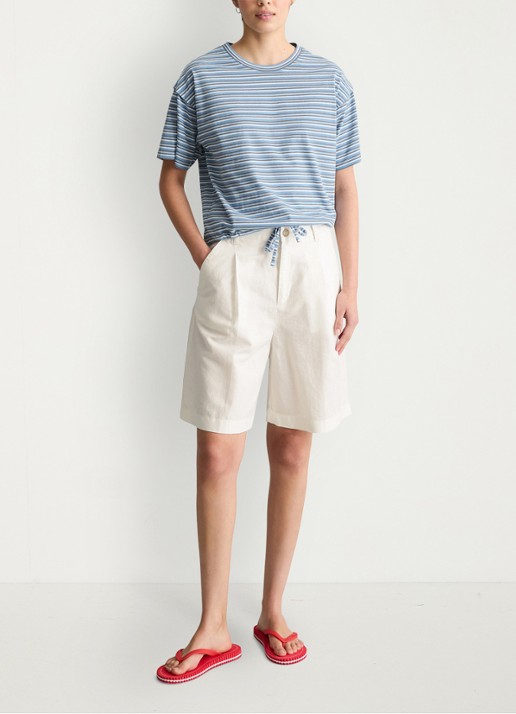 Marc O'Polo Denim T-shirt met streepprint en trekkoord - voorkant 2 light blue 06-5704 / blauw