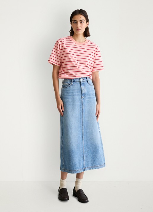 Marc O'Polo Denim T-shirt met streepprint  - voorkant 2 roze