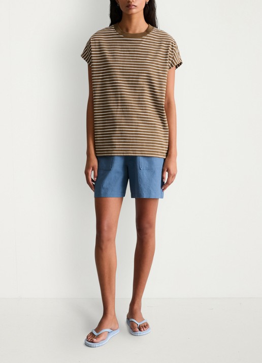 Marc O'Polo Denim T-shirt met streepprint - voorkant 4 medium brownmulti06-1842 / bruin