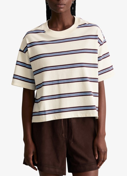 Marc O'Polo Denim T-shirt met streepprint - detail offwhite_multi_01-1257 / wit
