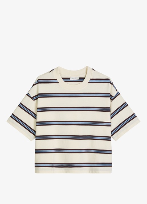 Marc O'Polo Denim T-shirt met streepprint - voorkant 3 offwhite_multi_01-1257 / wit