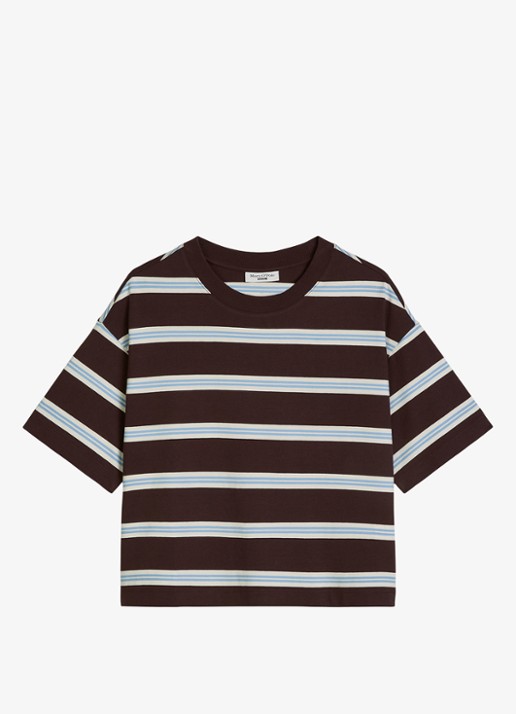 Marc O'Polo Denim T-shirt met streepprint - voorkant 3 dark brown_multi_02-1544 / bruin