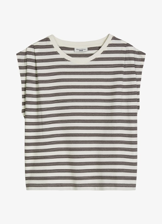 Marc O'Polo Denim T-shirt met streepprint - voorkant offwhite_multi_07-1263 / wit