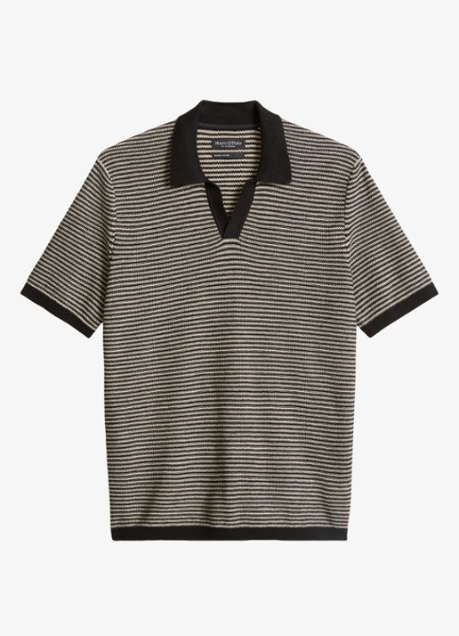 Marc O'Polo Fijngebreide polo in linnenblend met streepprint - voorkant 3 black-0093 / zwart