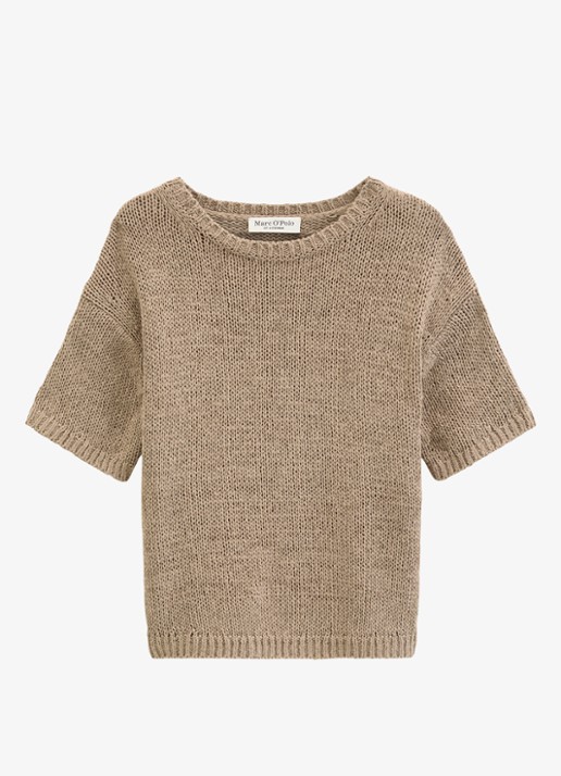 Marc O'Polo Fijngebreide pullover in  katoenblend met boothals - voorkant 2 taupe