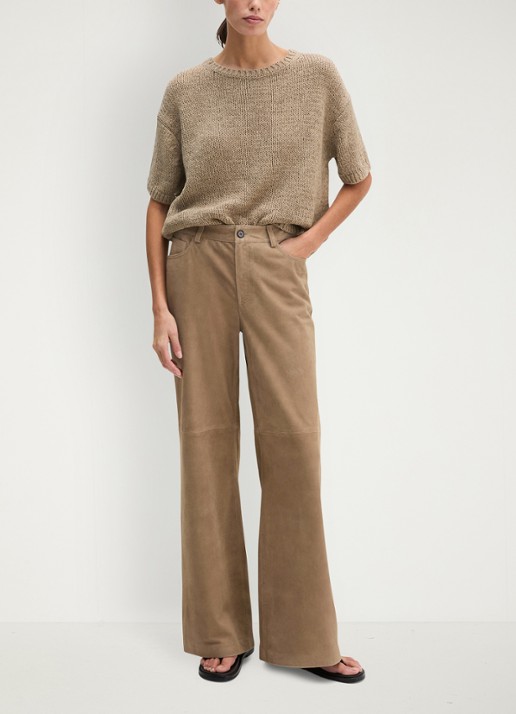 Marc O'Polo Fijngebreide pullover in  katoenblend met boothals - voorkant 3 taupe