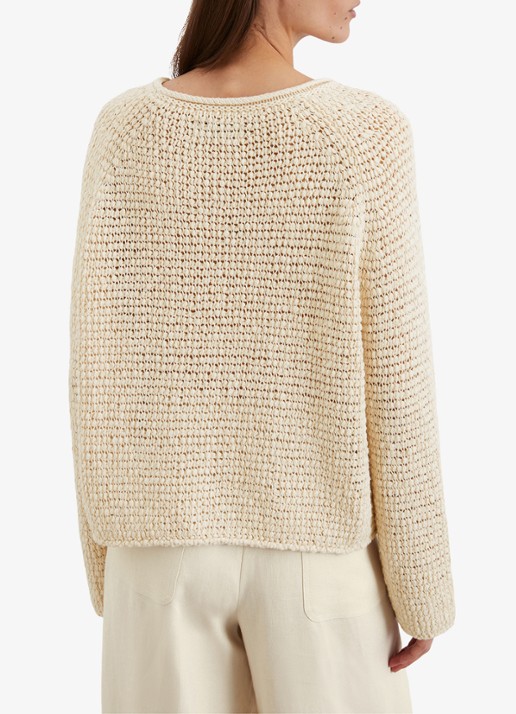 Marc O'Polo Fijngebreide pullover met opengebreid dessin - achterkant beige