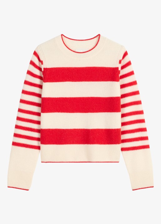 Marc O'Polo Fijngebreide pullover met streepprint - voorkant rood