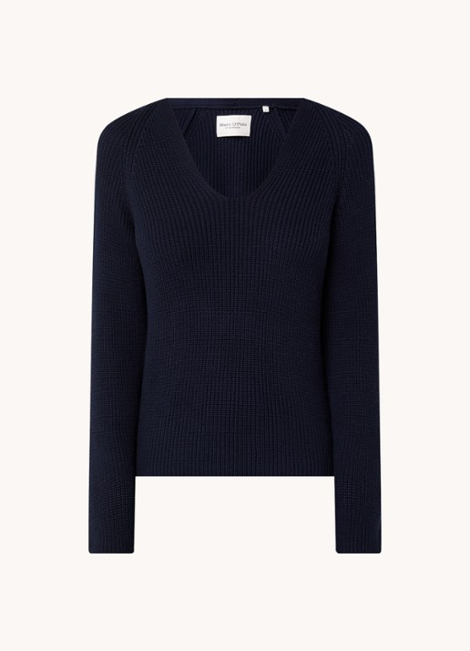 Marc O'Polo Fijngebreide pullover met V-hals - voorkant donkerblauw