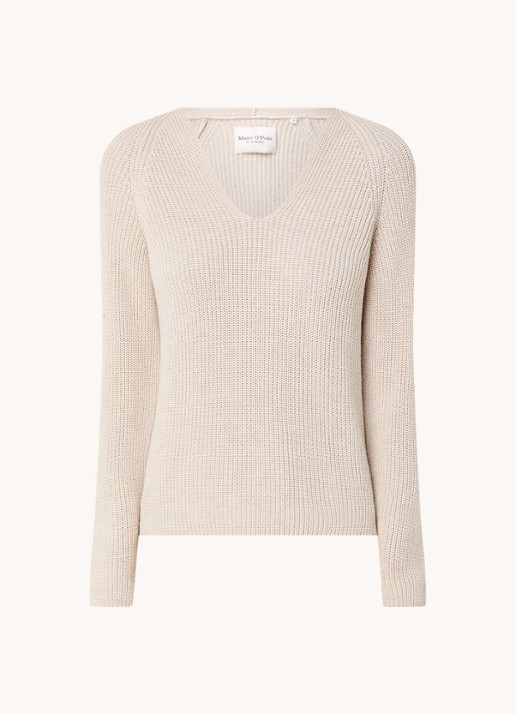 Marc O'Polo Fijngebreide pullover met V-hals - voorkant 2 zand