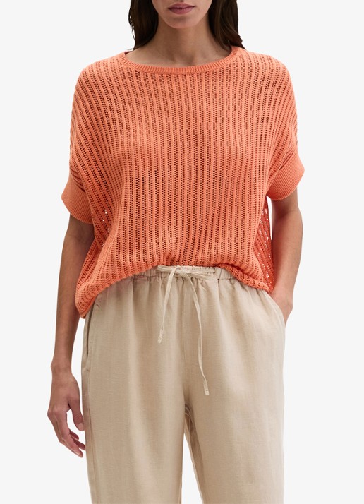Marc O'Polo Grofgebreid trui in linnenblend met ribstructuur - detail 2 warm orange-9326 / oranje