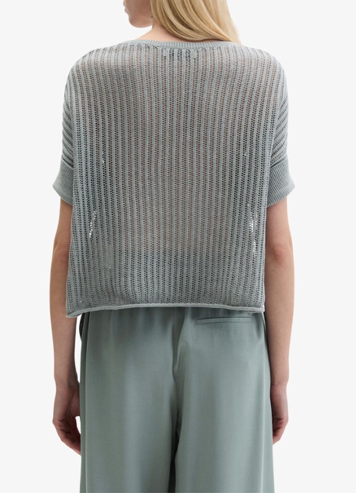 Marc O'Polo Grofgebreid trui in linnenblend met ribstructuur - achterkant quiet sea-0639 / blauw