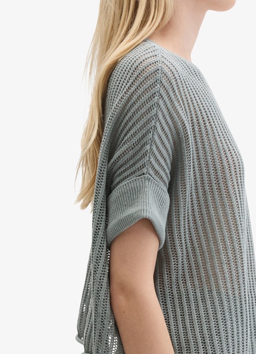 Marc O'Polo Grofgebreid trui in linnenblend met ribstructuur - detail 3 quiet sea-0639 / blauw