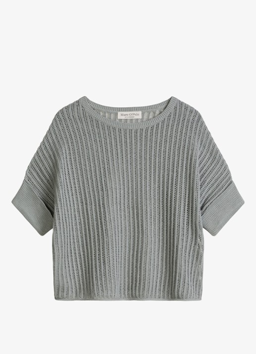 Marc O'Polo Grofgebreid trui in linnenblend met ribstructuur - voorkant 4 quiet sea-0639 / blauw