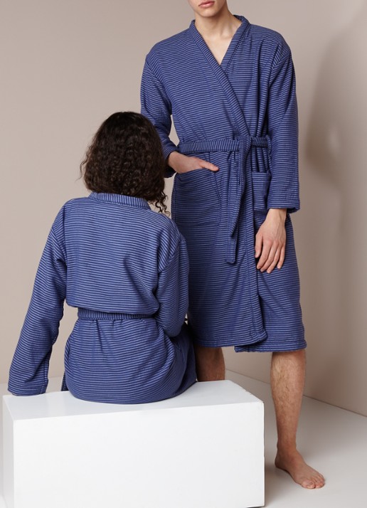 Marc O'Polo Jaik badjas van katoen met streepdessin - voorkant 5 middenblauw