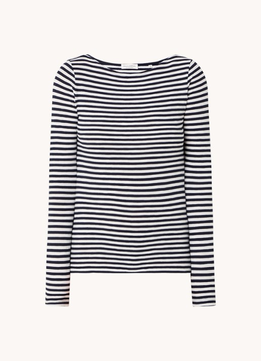 Marc O'Polo Longsleeve met streepprint en boothals - voorkant 3 donkerblauw