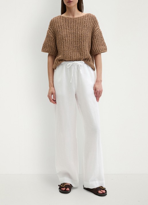 Marc O'Polo Loose fit palazzo broek van linnen met steekzakken - voorkant 2 white-0163 / wit