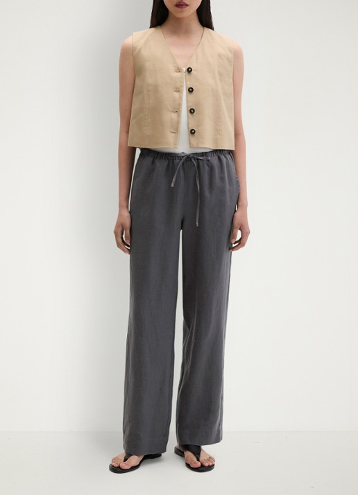 Marc O'Polo Loose fit palazzo broek van linnen met steekzakken - voorkant oxide grey-0364 / grijs
