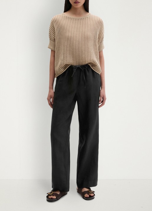 Marc O'Polo Loose fit palazzo broek van linnen met steekzakken - voorkant black-0001 / zwart