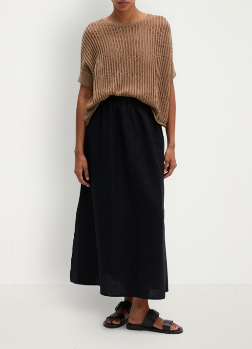 Marc O'Polo Maxi rok van linnen met plooien - voorkant 5 black-0001 / zwart