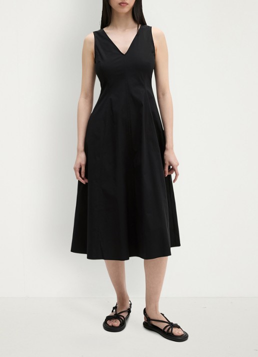 Marc O'Polo Midi A-lijn jurk met V-hals - voorkant 5 black / zwart